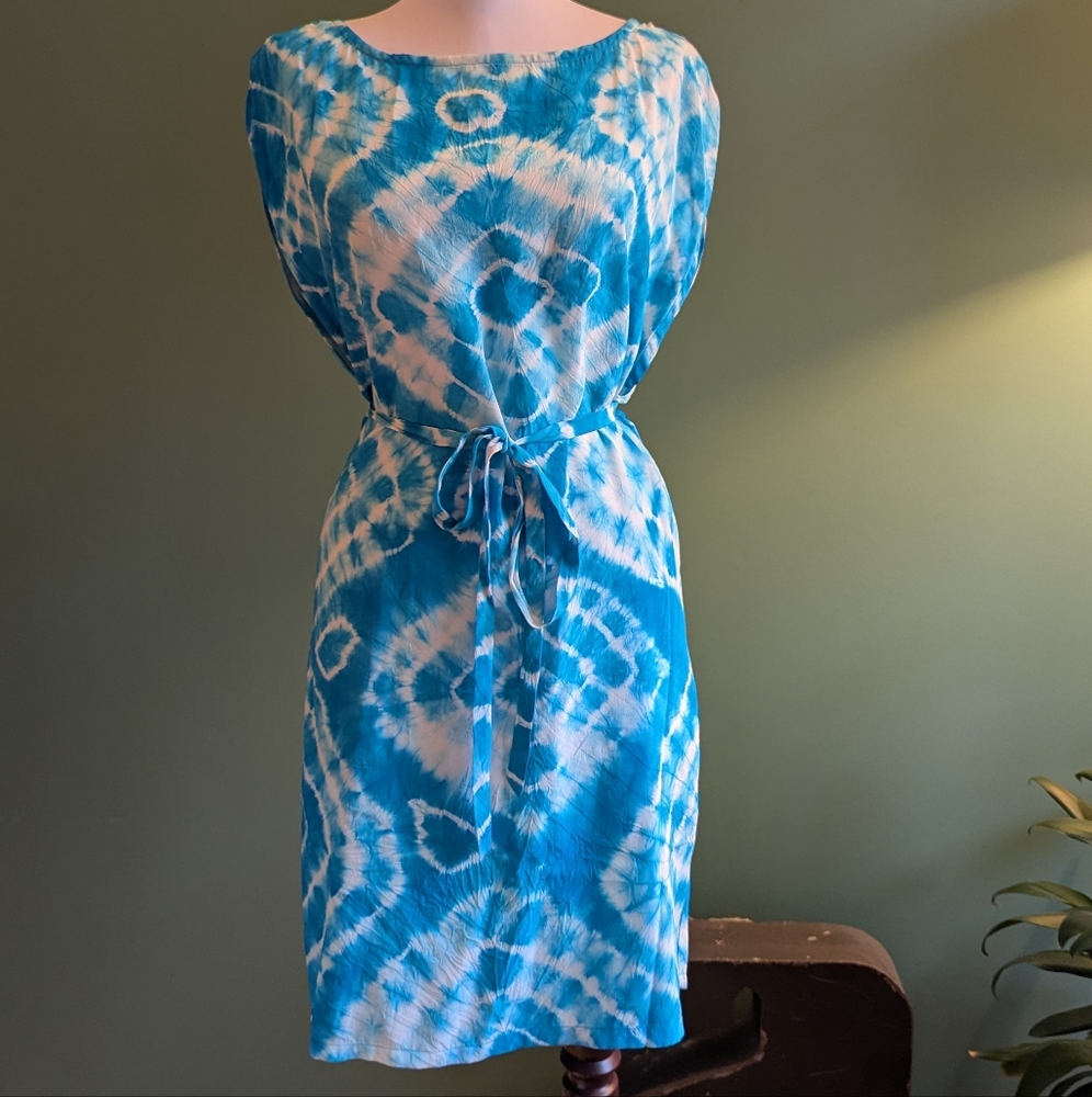 INC International Concepts Tie Dye Blue and White Sleeveless Sheath Dress